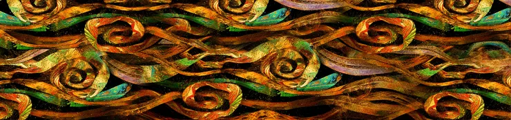 第二幕 萬古遺珠‧敦煌莫高窟 此幕以莫高窟經變畫為創作素材,型態取自各窟藻井紋樣、服飾紋樣。青綠主色中調和明亮金碧色調,隱喻絲綢之路上外來文化與本土藝術的不斷融合與碰撞。