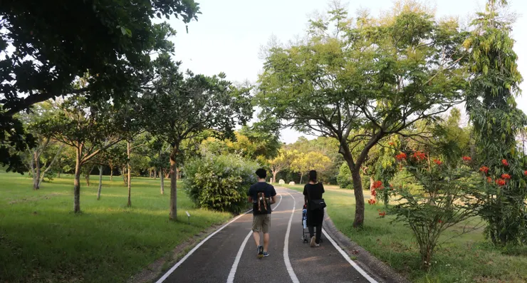 和妹妹(右)一起去都會公園散步