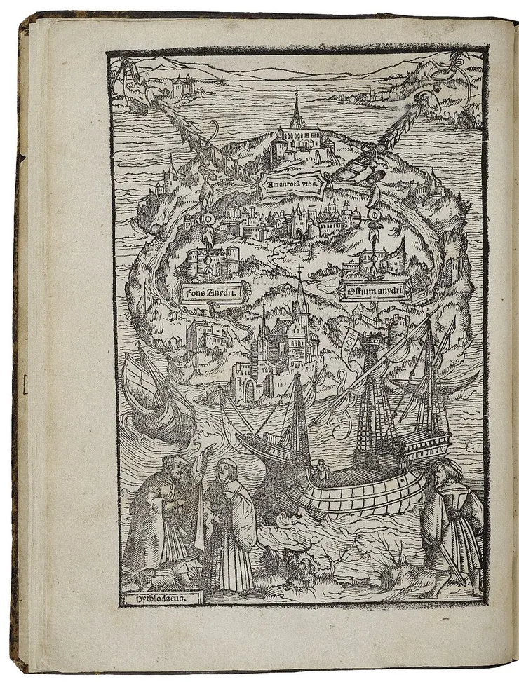  woodcut by Ambrosius Holbein, illustrating a 1518 edition. In the lower left, Raphael describes the island Utopia.