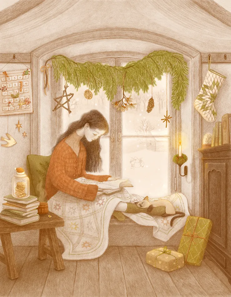 霈欣為 Telegraph Book Review 繪製的聖誕封面圖，免不了放滿自己喜歡的元素。