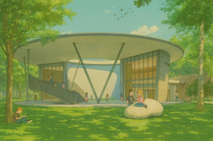 位於七期秋紅谷生態公園內的「童書之森」，由普立茲克建築獎得主安藤忠雄操刀設計、聯聚建設支持興建。示意圖／取自中市府官網