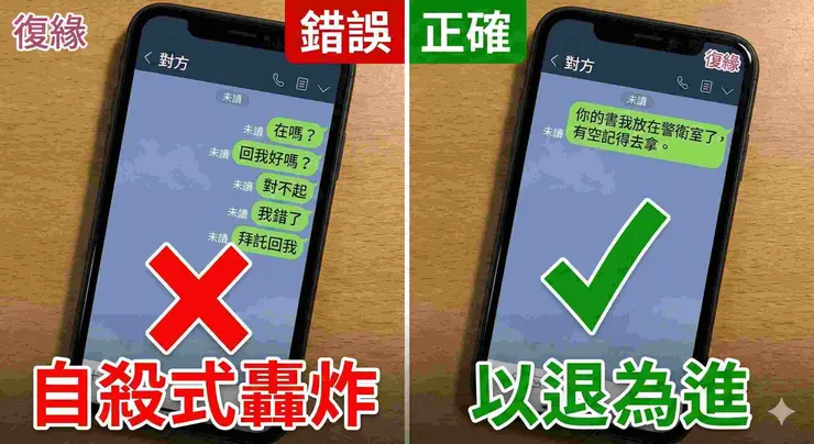 圖片說明:停止自殺式挽回!左邊的訊息轟炸只會讓他更想逃,右邊的平淡訊息才是破冰的開始。
