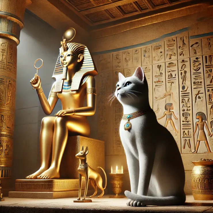 古埃及貓咪與芭絲特女神像的敬拜場景