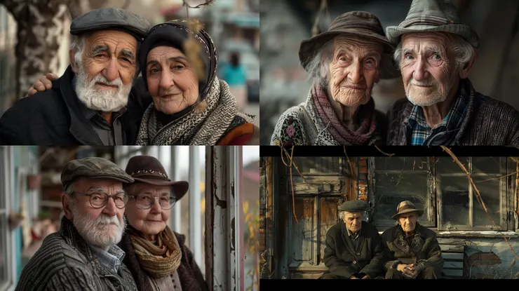 an old couple, full shot, --ar 16:9