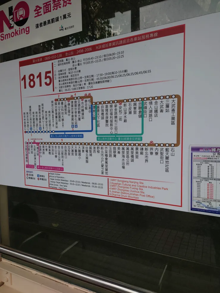 台北車站東三門外圍公車亭搭乘國光客運1815石山站下車