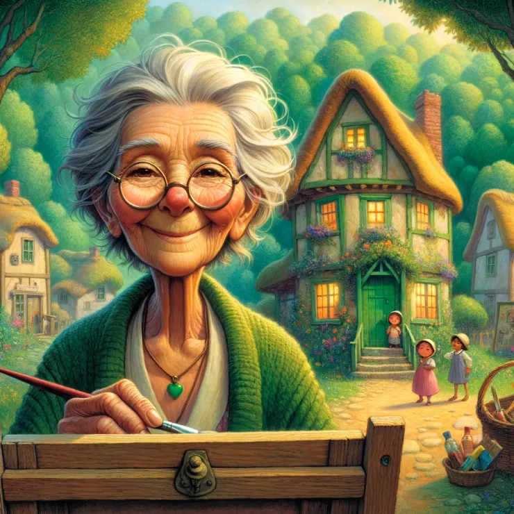 She is painting, her brush delicately touching a canvas that depicts the essence of village life - joyful and colorful.