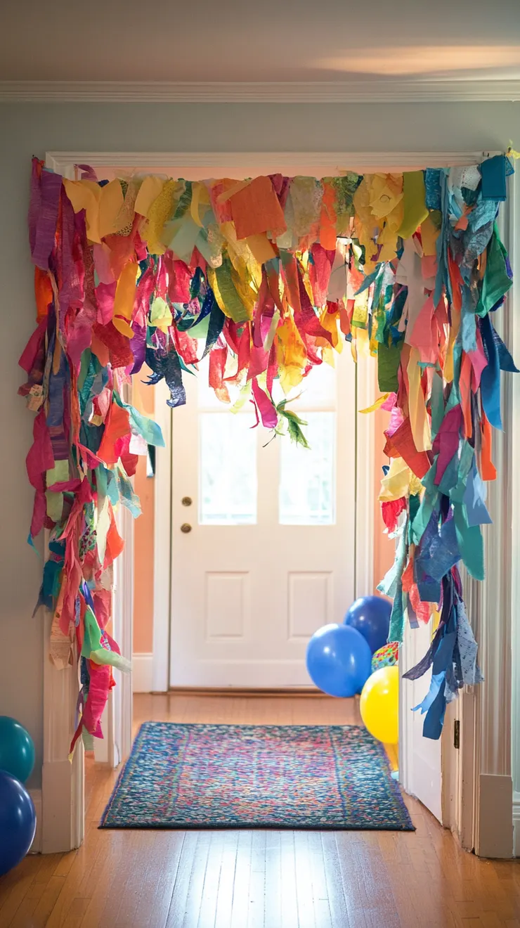A cheerful party setting with a colorful fabric scrap garland hanging across a doorway