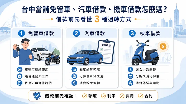 台中當舖免留車、汽車借款、機車借款怎麼選？借款前先看懂 3 種週轉方式