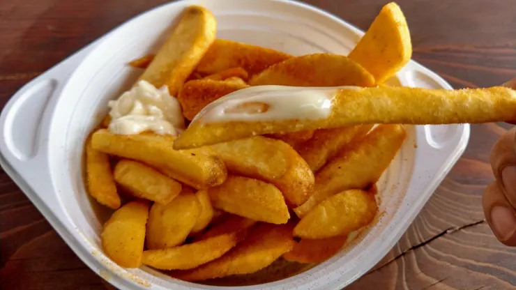 現炸，扁扁的薯條，4.9€，這邊吃薯條比較多加蛋黃醬Mayo