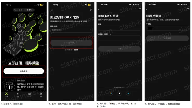 OKX 註冊流程示範圖，展示如何創建新帳號及登入步驟，包括註冊、輸入 email、設置密碼等。