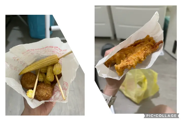 玉米筍、杏鮑菇、小份芋泥球跟蜜酥雞排。