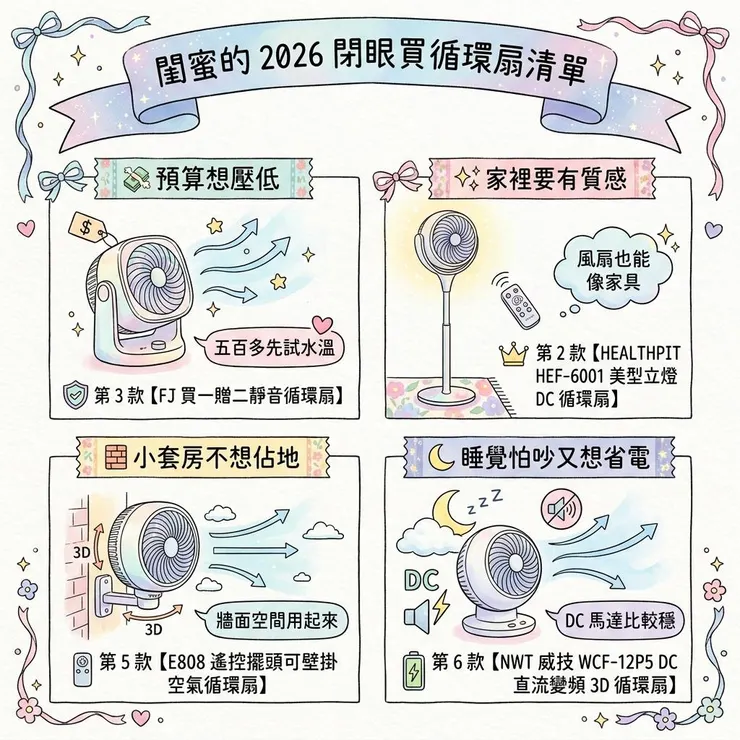 【循環扇推薦】冷氣開了還是悶?2026 Dcard/PTT 6 款靜音、壁掛、DC 款實比