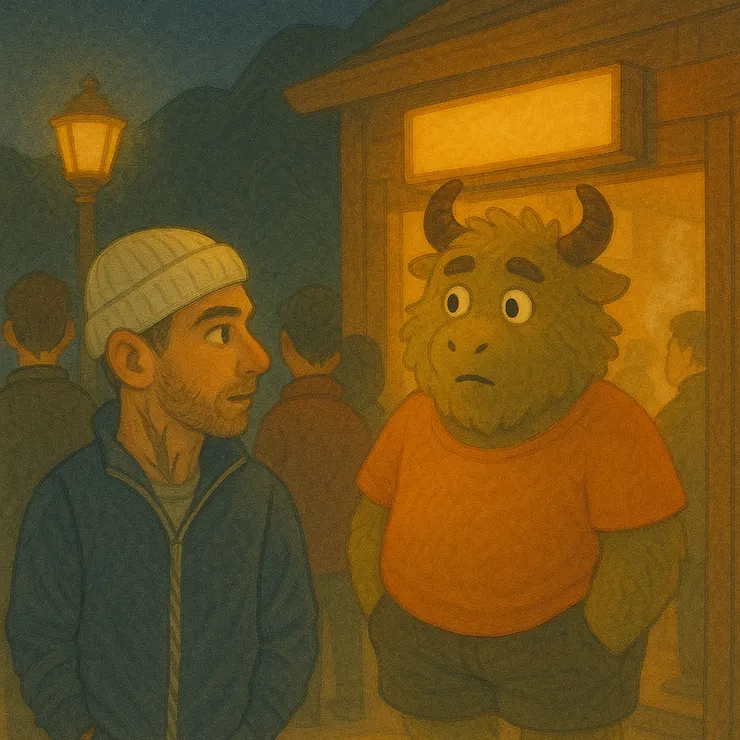 這是故事還沒開始前的那一晚：巨獸餓到眼神放空，只好乖乖在店門口排隊。