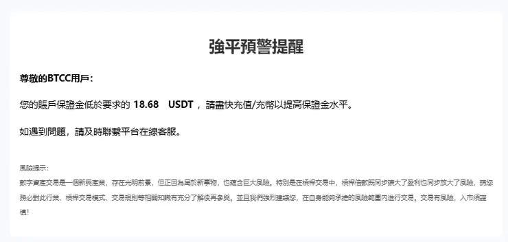 BTCC 合約跟單教學 強平預警