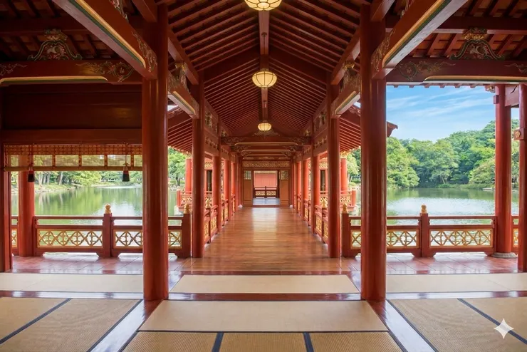 連心亭內的廊橋走道，宛如首里城內的宮廷御道般隆重莊嚴。