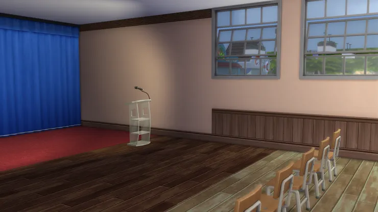 舞台跟台下是兩種色調，牆壁的裝潢也不同，很容易分辨。