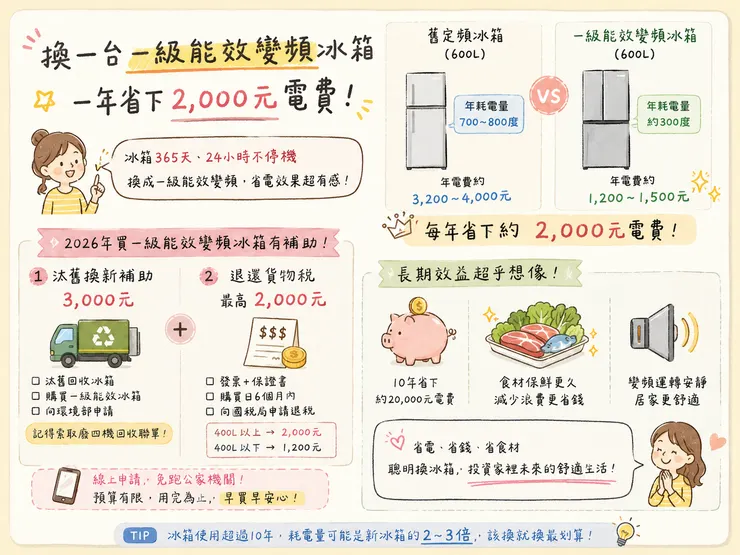 一級能效變頻冰箱推薦 2026汰舊換新補助 一年省2000元電費 600L省電冰箱比較
