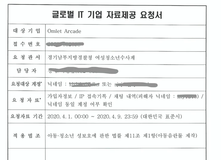 韓國警方來函調取用戶資料