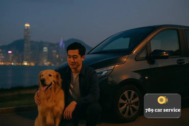 男子與狗狗坐在夜晚的香港海邊，中港車停在旁邊準備出發