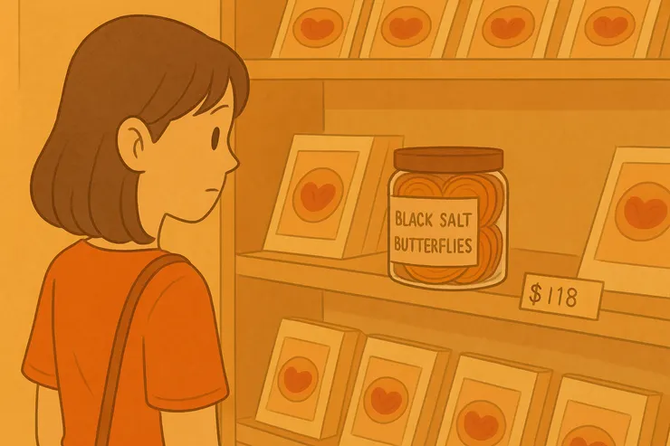 帝苑餅店的黑鹽蝴蝶酥，聽說用上法國海鹽，為蝴蝶酥增添額外風味。（插圖由 Copilot 協助創作）