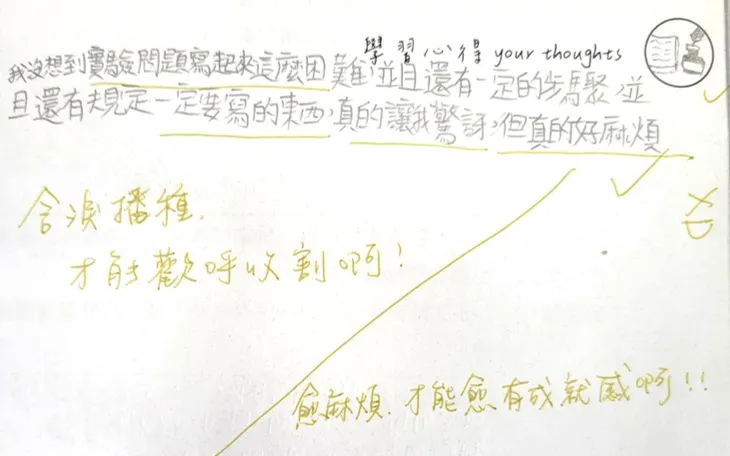 學生在筆記裡訴說著"好~麻~煩~"