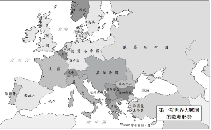 一戰前的歐洲。奧匈帝國為第三大國，僅次於俄羅斯帝國和德意志帝國