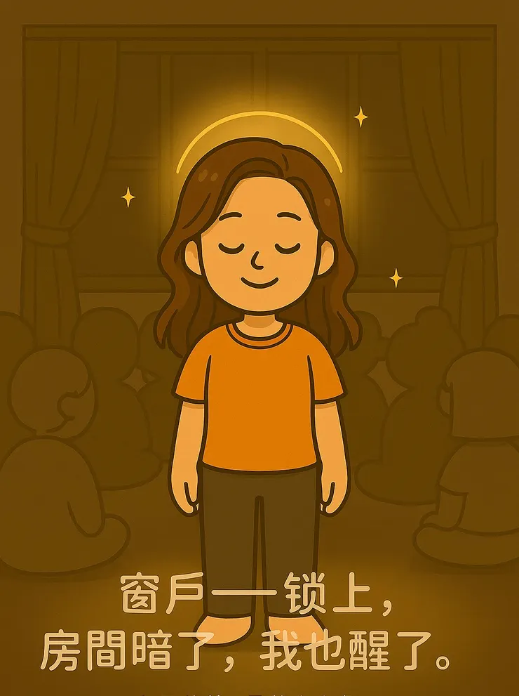 「窗戶鎖上了、窗簾拉起來了， 信眾們也安靜地坐好， 房間暗了下來， 但我的內心，卻第一次這麼明亮。」  一場夢裡的收尾儀式， 像是靈魂的小房間完成整合後的安靜瞬間。 我靜靜站著，什麼都沒說， 卻感覺整個人輕了、也亮了。