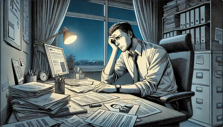 焦慮的中年求職者，收到面試通知後在夜裡準備。