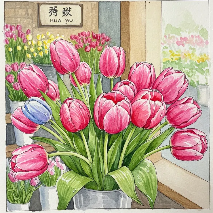 一束色彩鮮豔的鬱金香，有的含苞待放，有的已經盛開，花瓣上還帶著晶瑩的水珠。