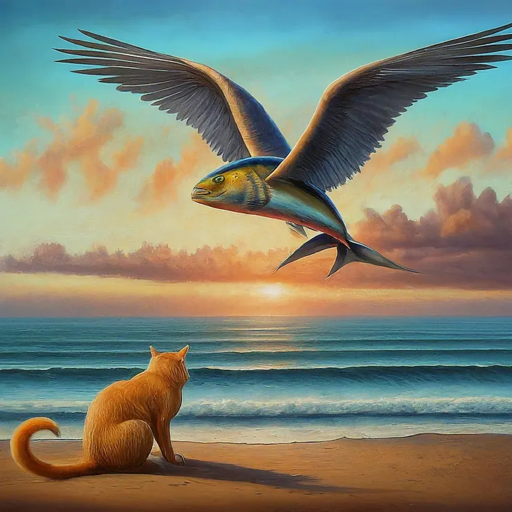 A man is flying on the beach holding a tuna, being watched by a big orange cat.