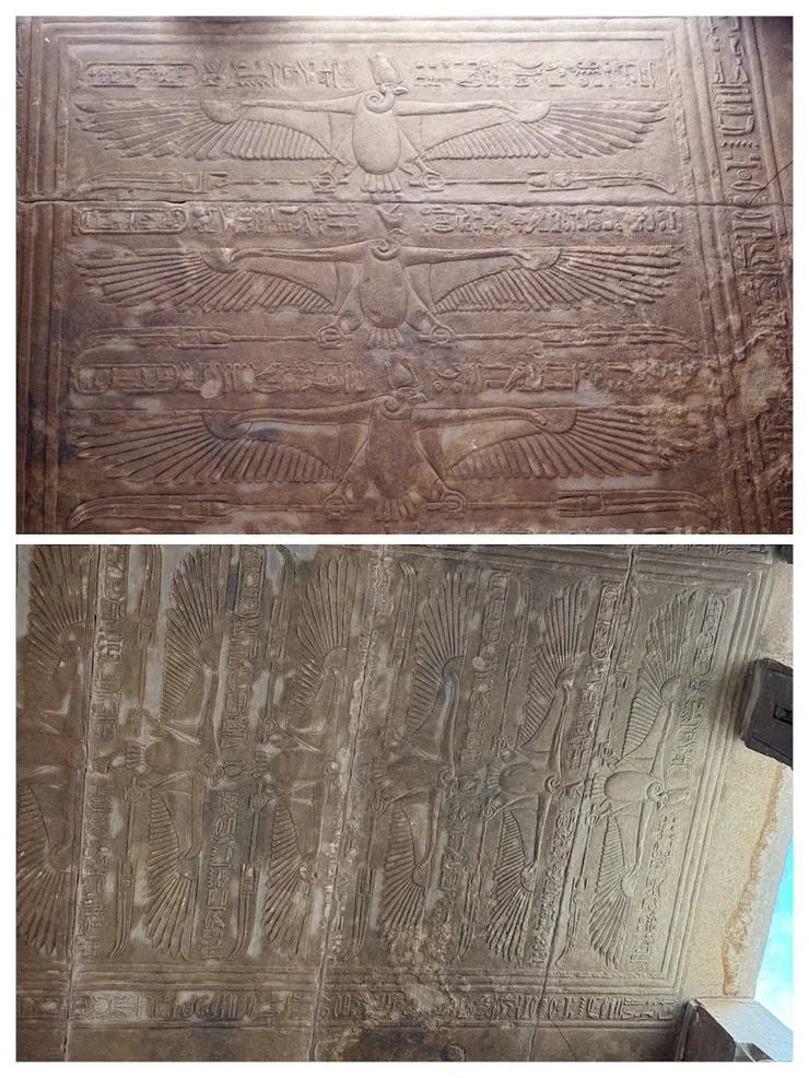 天花板上滿是禿鷹圖像， 是法老守護神奈赫貝特的圖像。