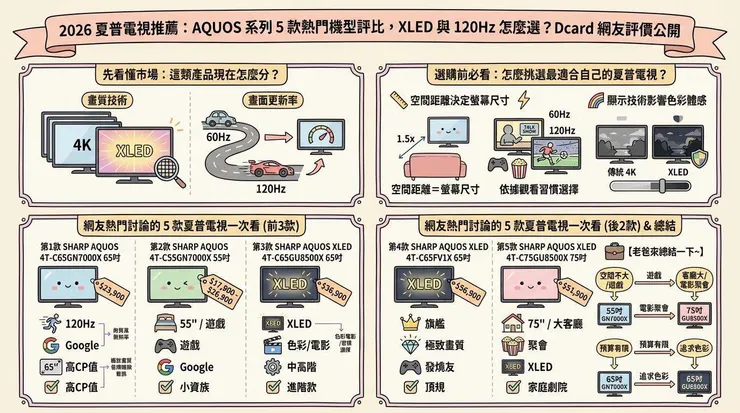 2026 夏普電視推薦：AQUOS 系列 5 款熱門機型評比，XLED 與 120Hz 怎麼選？Dcard 網友評價公開