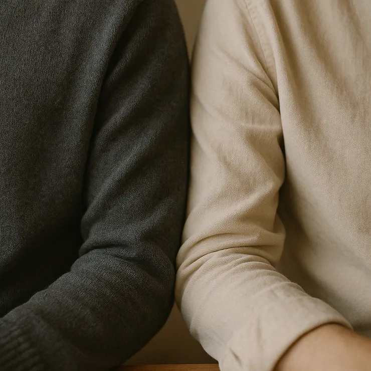 衣袖相貼一指光;手仍停在空中,不落,肩線明顯斜開。