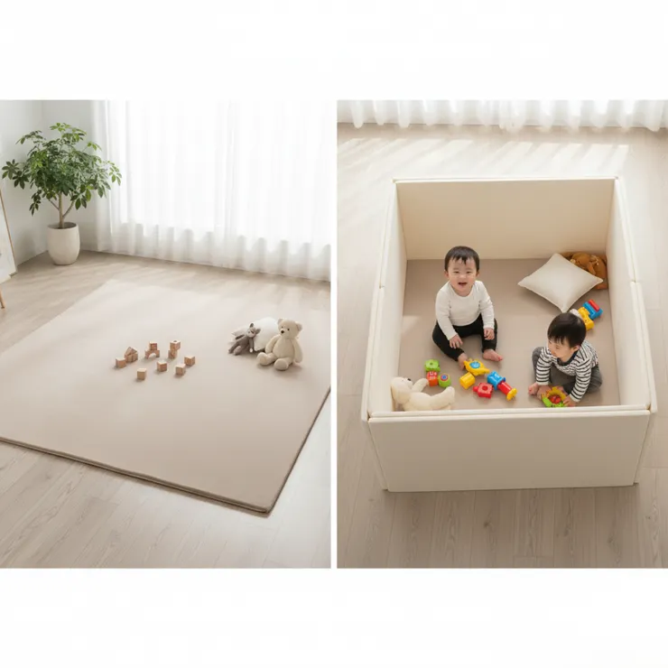 巧福折疊地墊城堡多功能示範圖。5cm 超厚地墊可立起變遊戲城堡圍欄，提供極致的嬰幼兒居家安全防護。