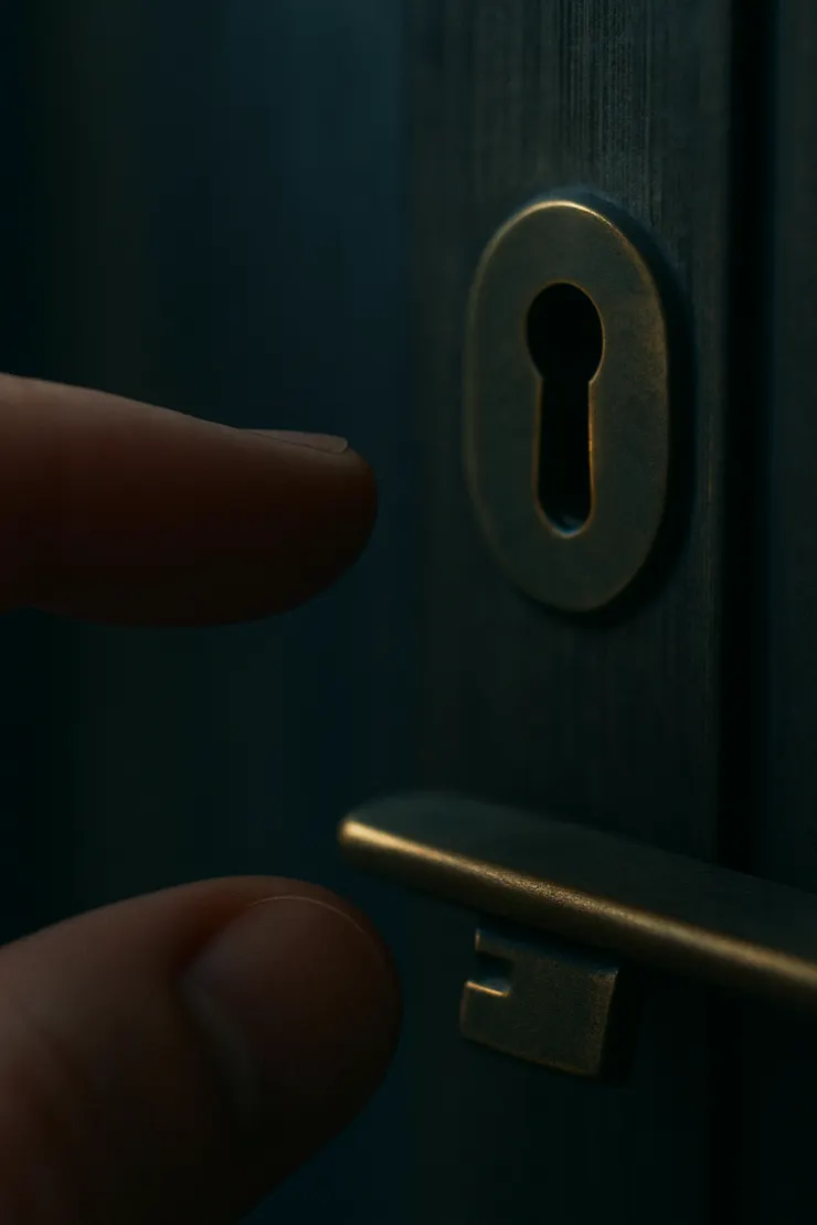 指腹在鎖孔邊停住,不轉;第二把鑰匙安靜地橫放門檻。