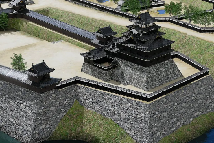 慶長伏見地震後重建的郡山城想像圖。