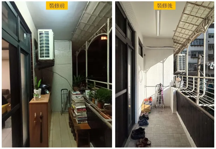 將室外機位移至外面，可以擺放鞋櫃，以及避免撞到頭 (拍照時，鞋櫃尚未購買)