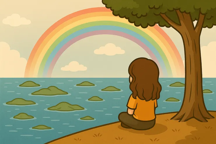 夢裡的氛圍很安靜，我就這樣坐在樹下，看著彩虹下方展開的大海。小島一個個散落，海面遼闊卻平靜，孤單裡帶著柔軟。或許這正是我心裡的風景—每個人都是獨立的小島，但終究都在同一片海裡，被同一片天空照耀。那一刻，我感覺心比傷口更大，也終於能裝得下光與風。