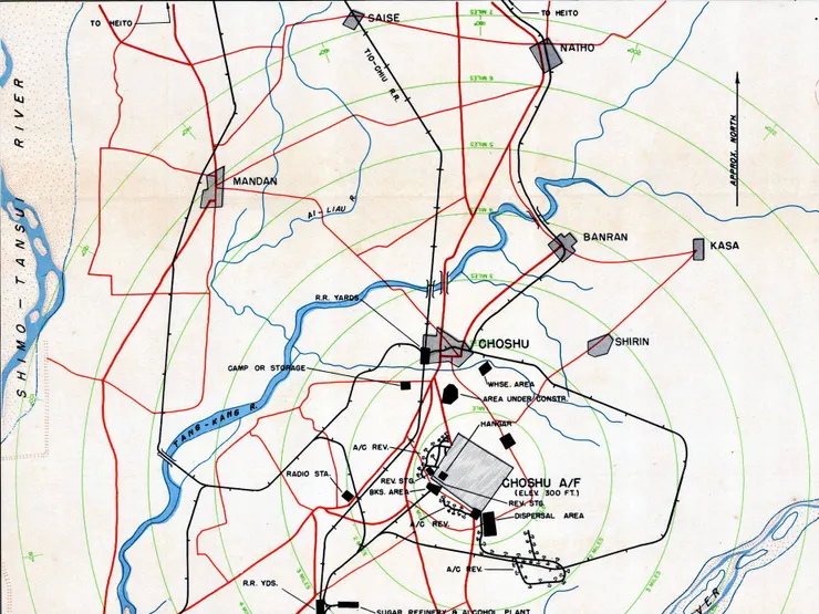 1945年3月第14航空隊出版的潮州飛行場（Choshu A/F）轟炸地圖，可見萬丹（Mandan）距離潮州只有四英里之遠。 圖／14th Air Force