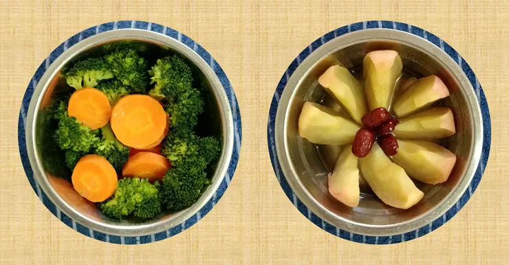 左:燜紅蘿蔔西蘭花;右:蒸蘋果紅棗