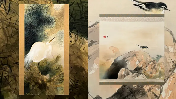 左：水風白鷺｜竹內栖鳳,1925年頃,福田美術館藏。 右：水風清｜竹內栖鳳,1935年頃,福田美術館藏。