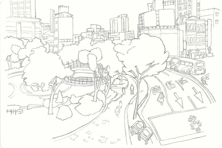 從路易莎咖啡望向建成圓環 線稿