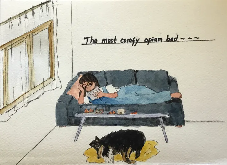女兒小時的日常-鴉片床、狗狗、書與點心