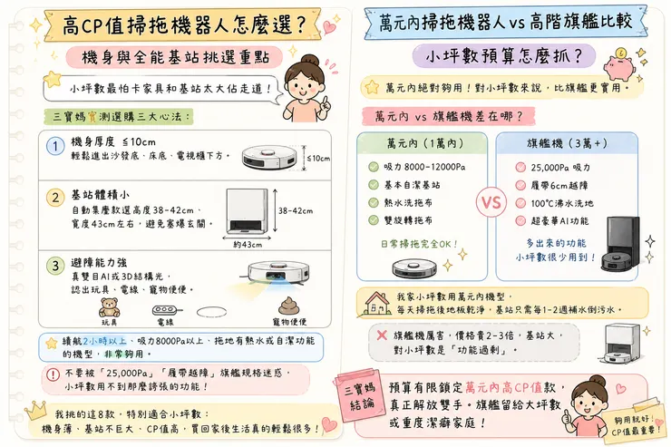 高CP值掃拖機器人怎麼選？萬元內掃拖機器人 vs 高階旗艦比較｜小坪數機身厚度≤10cm、基站小、避障能力強 寶媽掃拖一體機選購指南