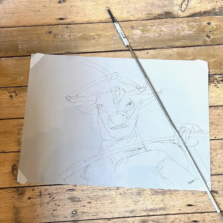 將ballpoint pen綁在長竹枝上,再置畫紙於地上,體驗有距離感的創作方式