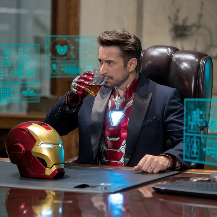 A photo of Iron Man transformed into a mafia boss. He is wearing a finely tailored black suit jacket over his red and gold armor. The arc reactor is visible through the shirt. Iron Man is sitting behind a large mahogany desk, sipping a glass of whiskey. He is monitoring the activities of his empire through advanced holographic displays. His helmet is placed on the desk. His sharp gaze remains focused as he makes calculated decisions, controlling his empire with both intelligence and style.
