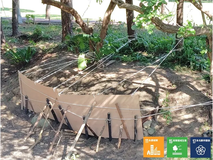 完工景....所謂一方有需,四方相助,為防承重的板模「過早」塌毀,連翠堤四周的茄苳和濕地松也給力提供了拉撐的力道,從拱橋上這完工畫面其實有點幽默跟好笑的