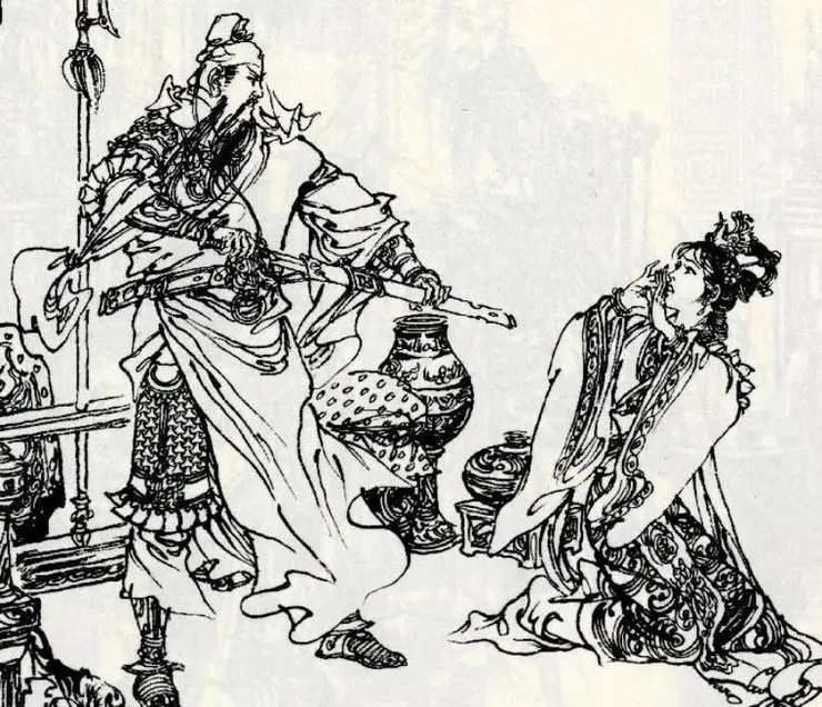 關羽月下斬貂蟬。後世出現有釋貂蟬與貂蟬自刎的情節，總之美人必須死或不在，才不致成為英雄的絆腳石。