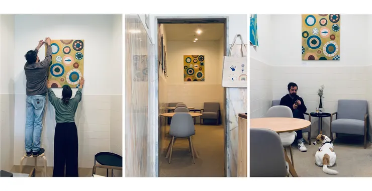 陪著我布展的Esrin和Marcos、從前門進去之後的樣子、喜歡Kira（狗）和孤島意識的合照