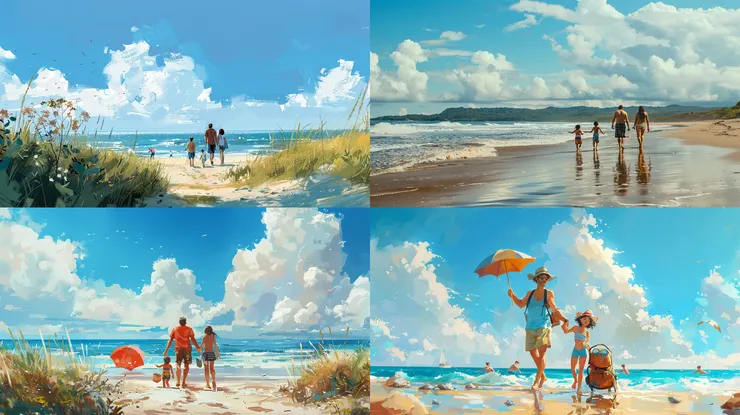 wide shot of a family going to the beach, --ar 16:9